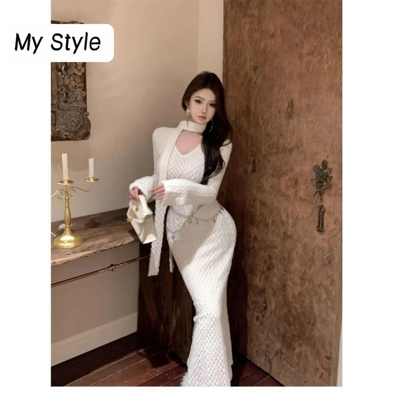 

Design Sense Нишевое однотонное жаккардовое полое сексуальное облегающее платье с длинными рукавами и рыбьим хвостом с v-образным вырезом