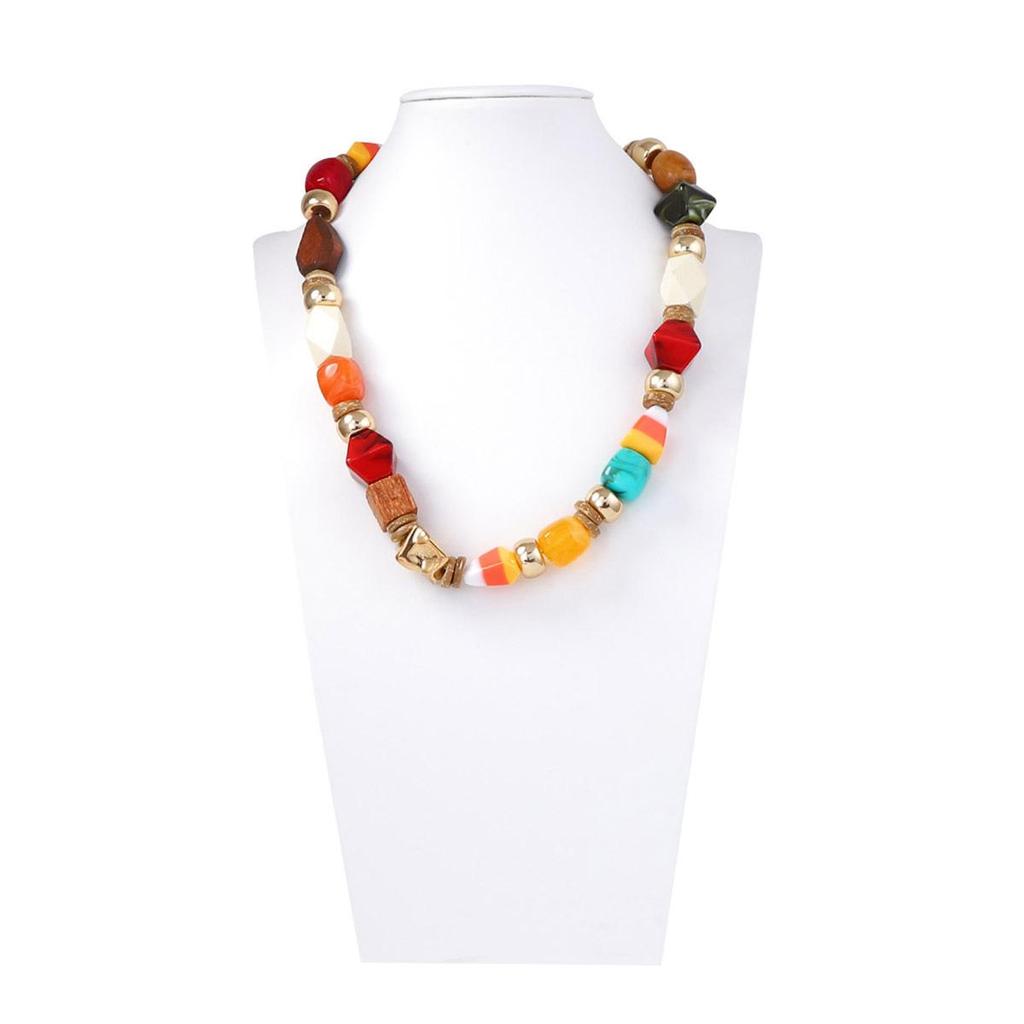 Simple and Fashionable Drawstring Necklace with Geometric Wooden Beads and Sliced Colorful Women's Necklace