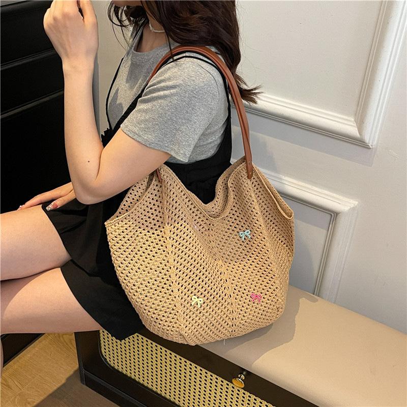 Summer bow knitted woven bag female 2026 new single shoulder shopping bag leisure vacati beach bag tote bag