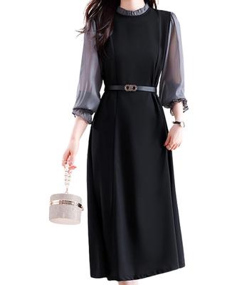 Elixio Formelles Midi-Sommerkleid, A-Linien-Kleid, Rock, Durchsichtig, Mit Gürtel, Kontrastbestickt, Figurschmeichelnd, Schwarz, (JP, Alphabet, XL, Schwarz)
