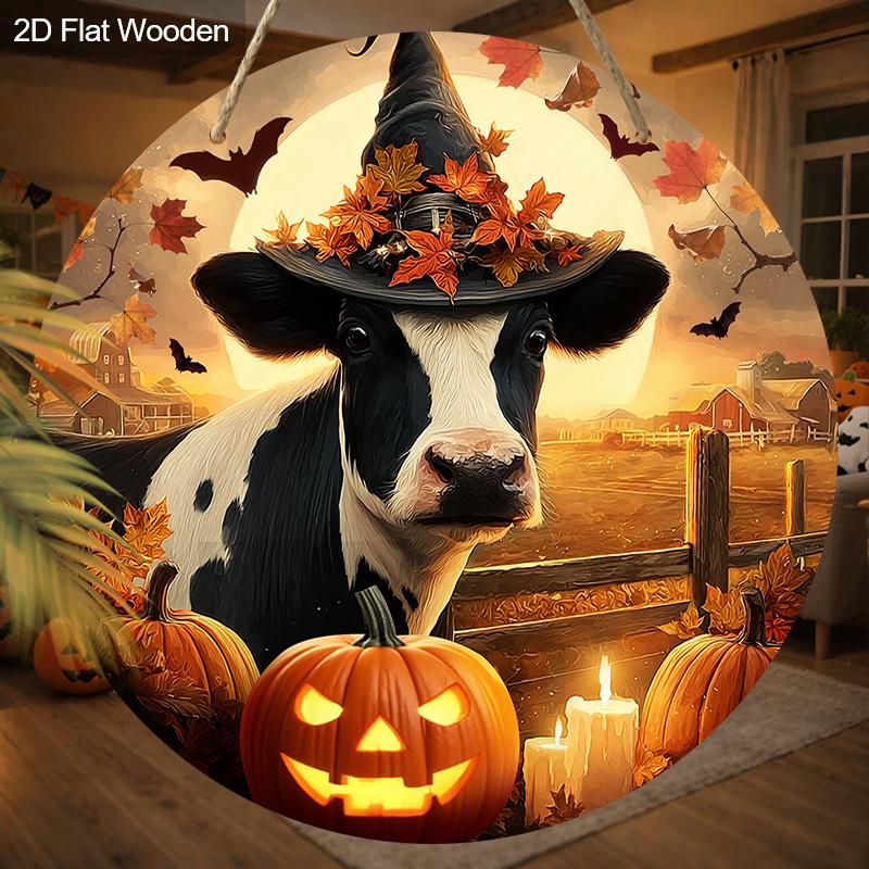 2D Flat 1pc Wooden Halloween Vintage Decorative Sign,Cow with Witch Hat and Pumpkin Pattern Design, Wall Hanging Decor,Ideal Halloween Festive Gift