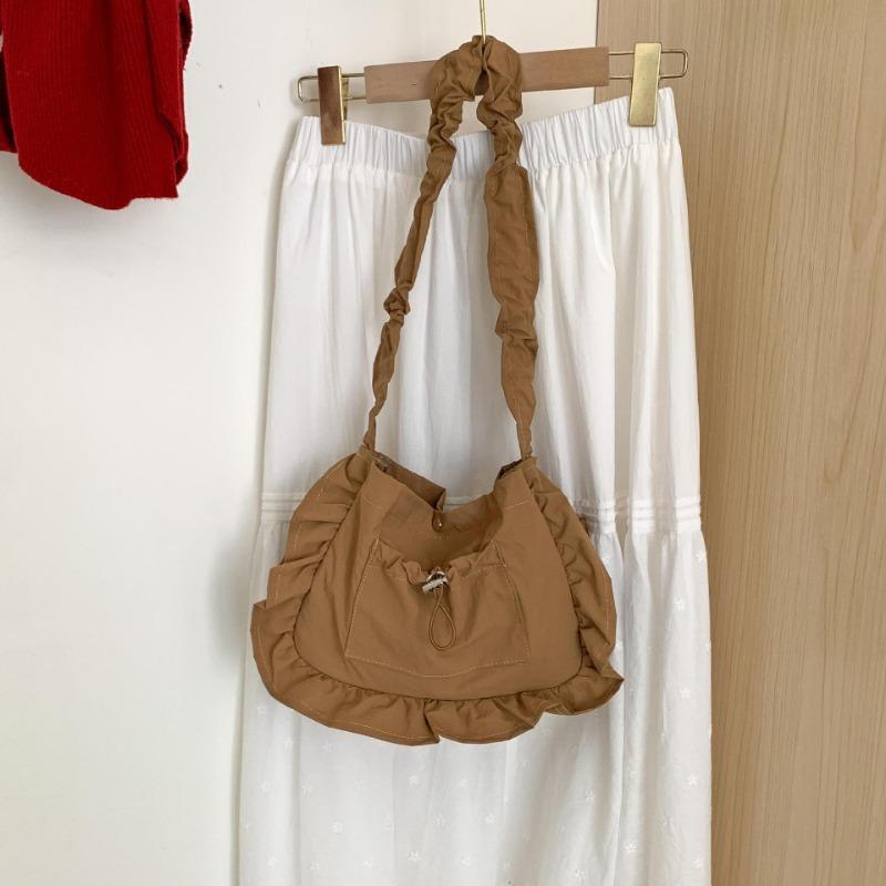 

Lace pleated bag cute casual daily commuter bag solid color nylon fashion new student shoulder bag women абрикосовый