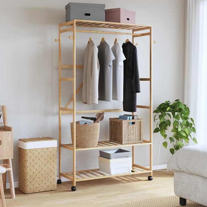 VidaXL Clothes Rack and Shelves and Wheels 110x40x180 Cm Bamboo, Coat Rack, Coat Rack with Shelf, 4008923