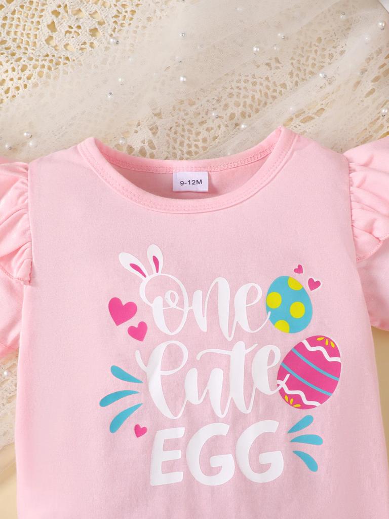 Koreanischer Stil Baby Mädchen Oster Buchstaben Oberteil & Gepunkteter Netzrock Set