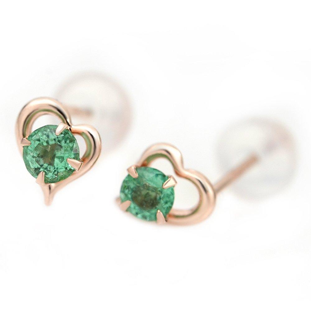 Pair of 10K Pink Gold Open Heart Stud Earrings with May Birthstone Emerald