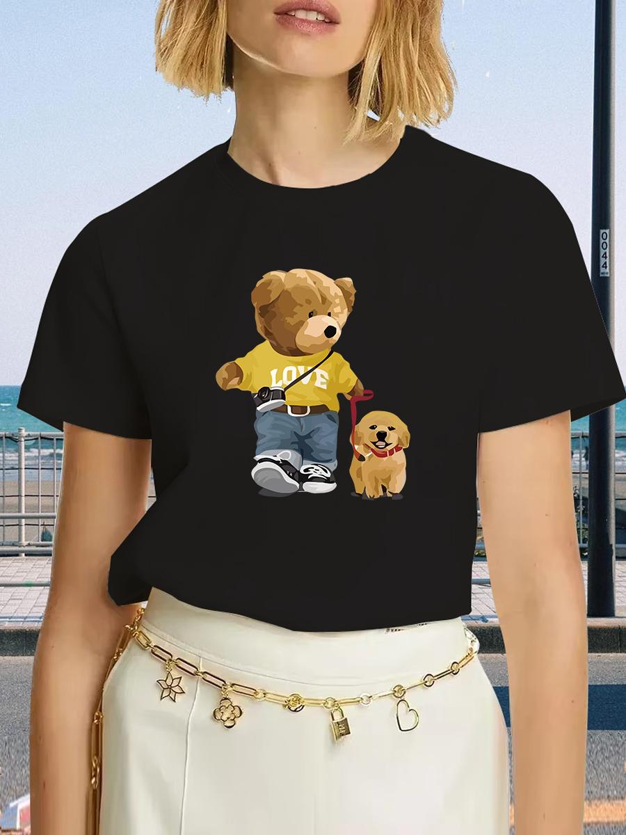 

Summer and Spring Women s Short Sleeved Round Neck Casual Top T-shirt with Teddy Bear Pattern Women Clothing Y2K Top Harajuku S