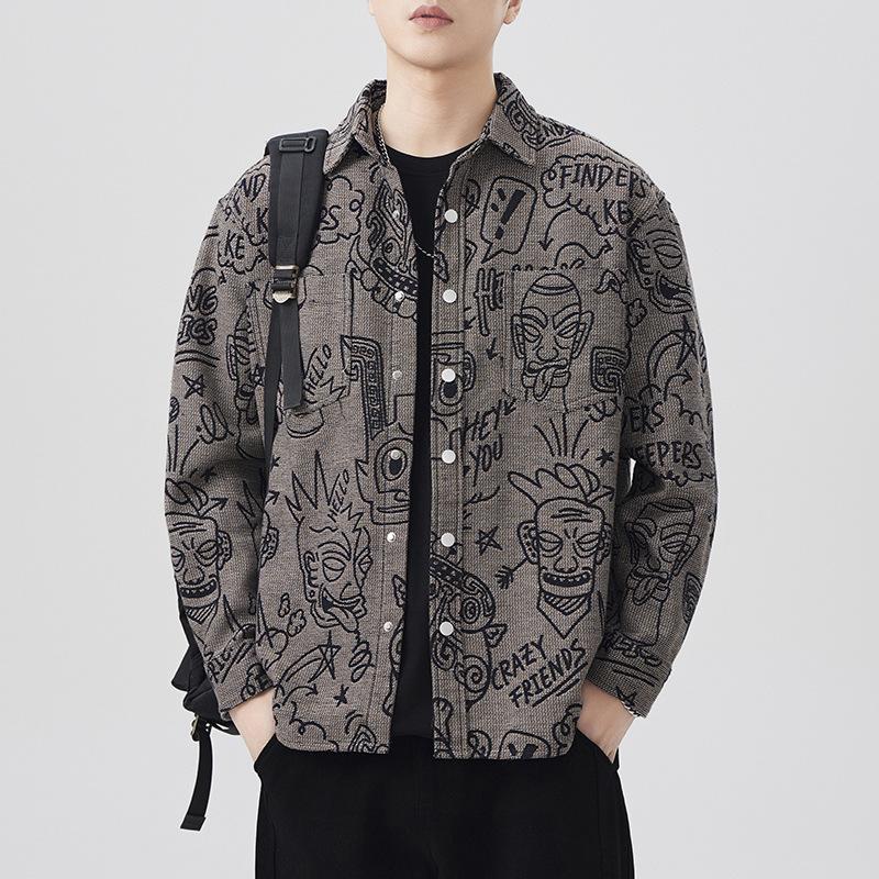 Neues Frühling Japanisches Retro Herren Lockeres Hemd Farbe Gestrickt Jacquard Lässig Amerikanisches Hemd