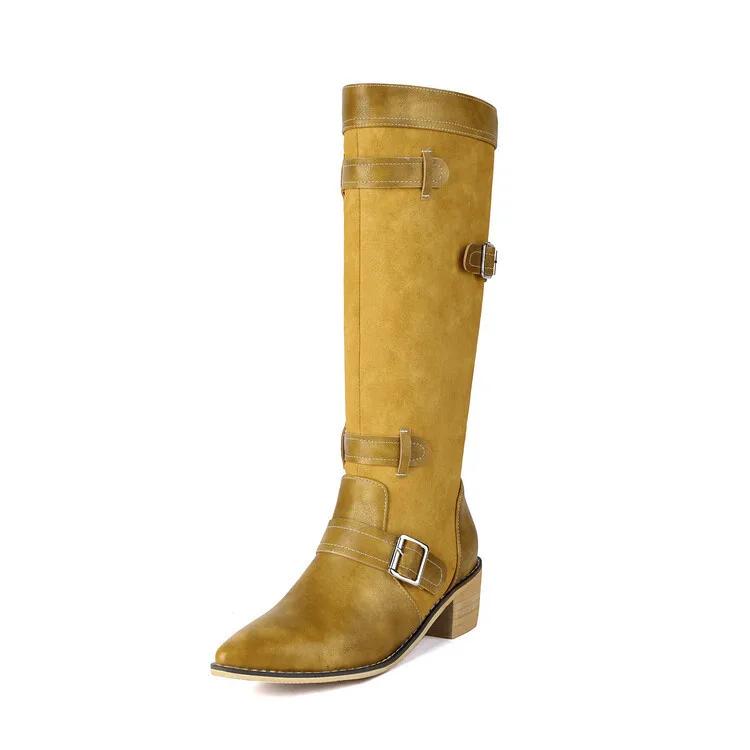 Fashion European American Color Blocked Western Cowboy Boots Women Pointed Spliced Belt Buckle 4.5cm Thick Heel Knee High Boots 35-46