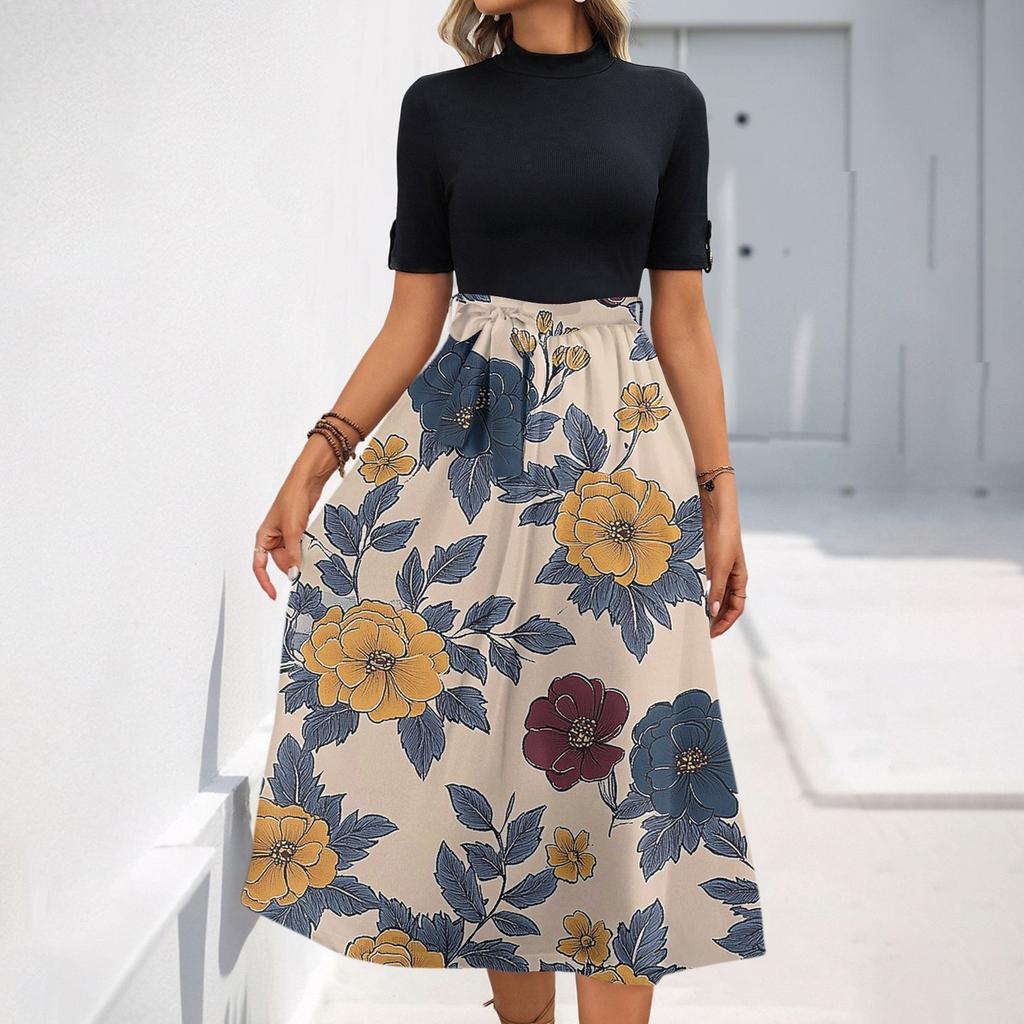Women's Fashion Casual Belt Short Sleeve Round Neck Floral Elegant Temperament Dress