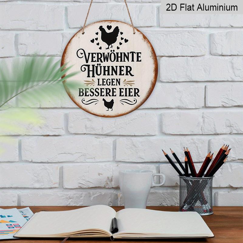 2D Flat, 1pc Vintage French Chicken Farmhouse Sign - Round German & French Phrase Metal Plaque with Rooster & Hen Silhouettes, "Hens Lay Eggs