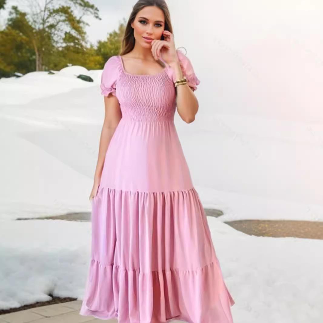 

2024 European & American Square Neck Smocked Long Dress Extra Extra Large рожевий
