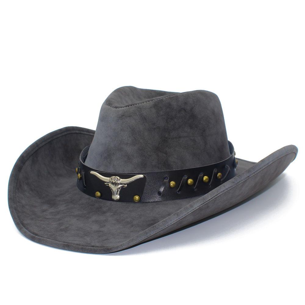Bent-brimmed western cowboy hat cow head accessories high-end PU leather knight hat versatile top hat
