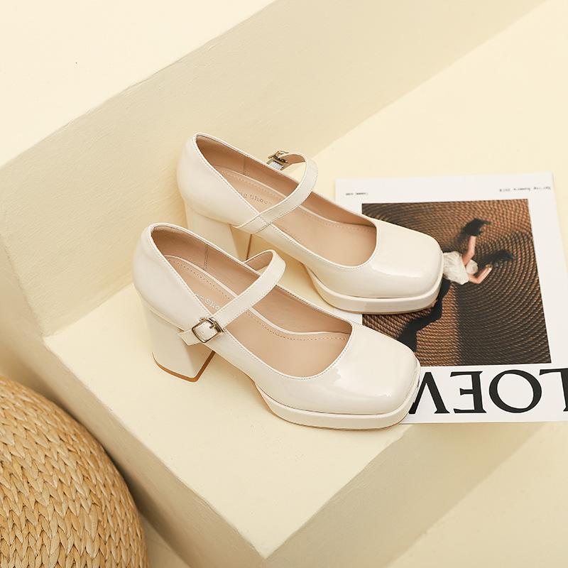 3359-12 One word with high heels single shoes women's summer new French temperament thick heels high heels women's shoes
