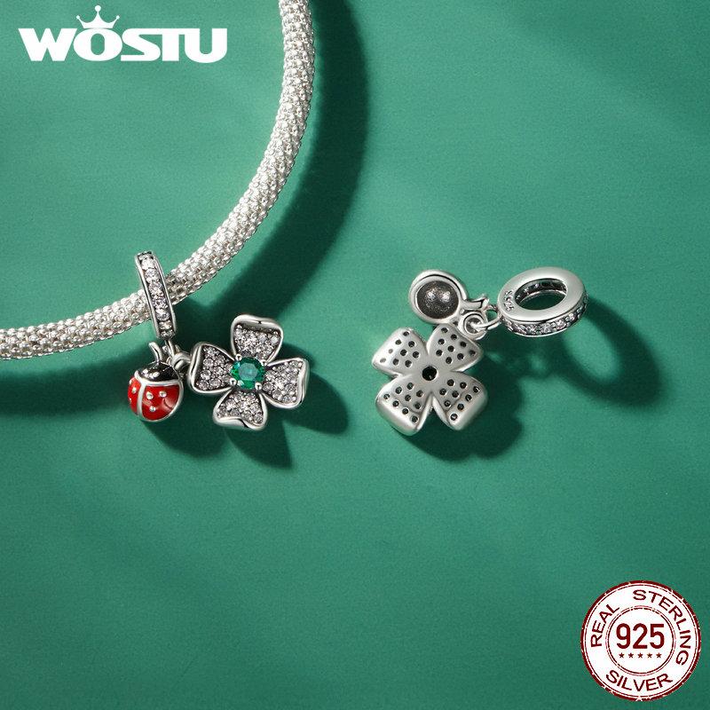 WOSTU 925 Sterlingsølv Lucky Firkløver Ladybug Charms Bee Beads Passer originalt armbånd DIY