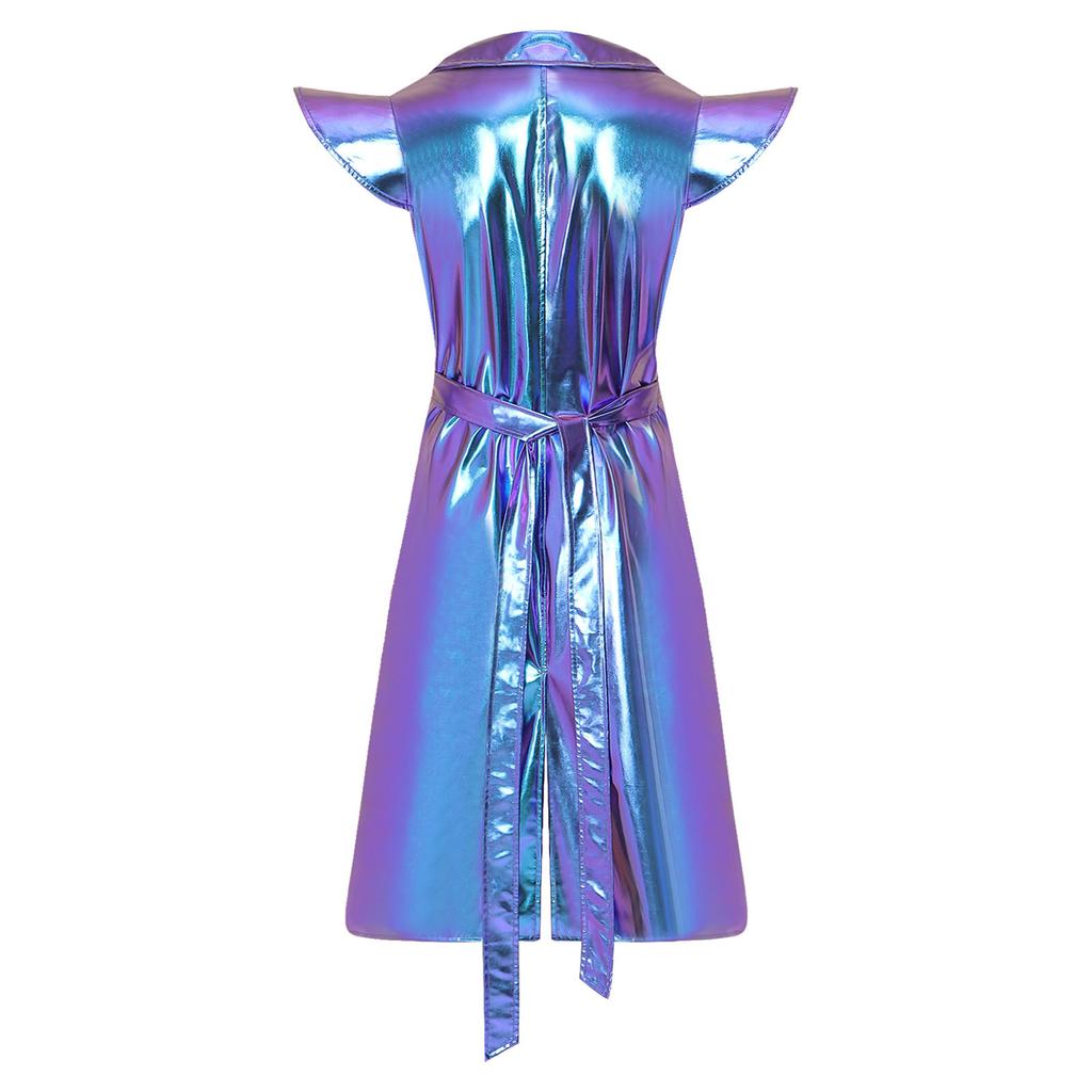 Damen Metallic Glänzend Ärmellos Trenchcoat Revers Offene Front Mit Gürtel Lange Jacke