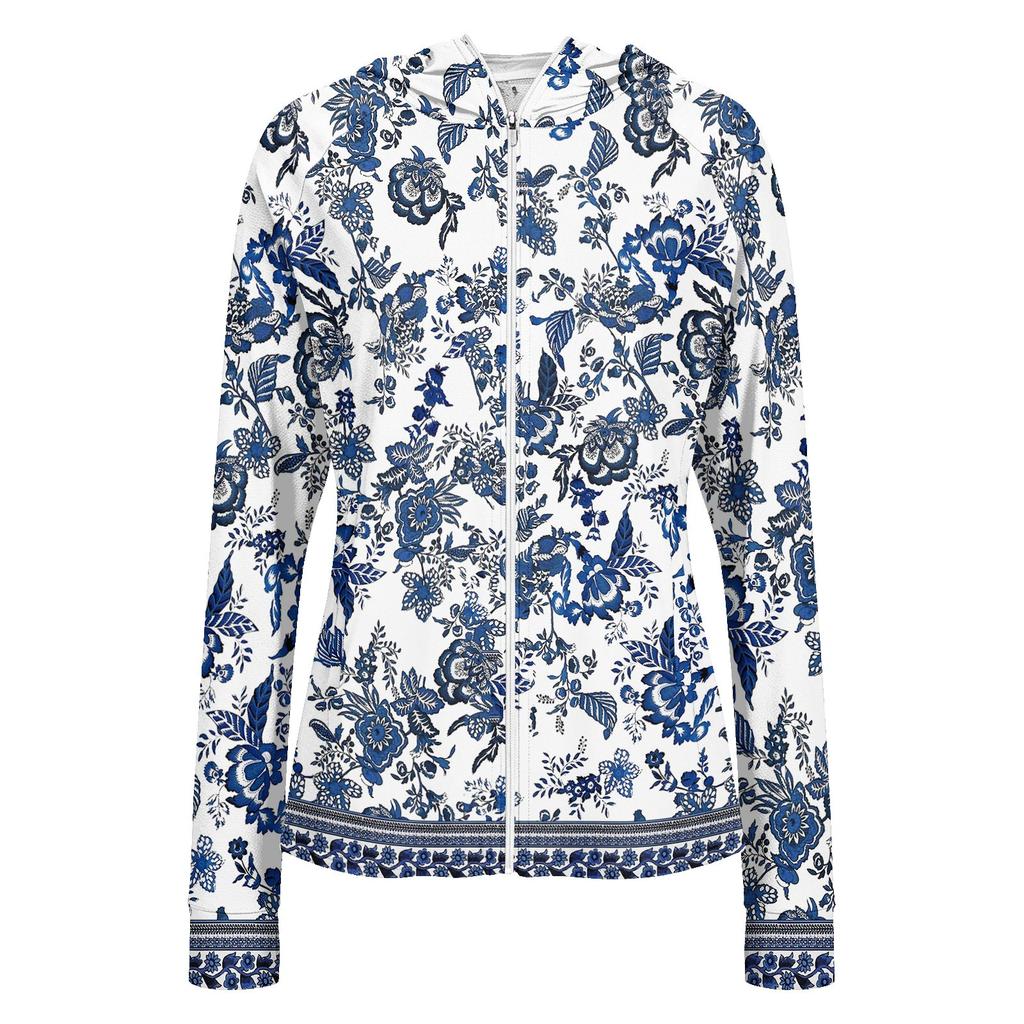 Sudadera con capucha ligera para mujer con cremallera, bolsillos, manga larga, estampado floral, chaqueta con protección solar, prenda exterior informal
