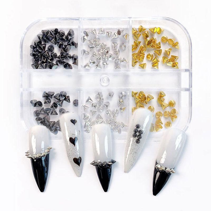 6 Grids Punk Style Flat-Back Metal Nail Art Rivet Pyramid-Shaped Charms Studs Accessories For Manicure Nails Decoration Supplies