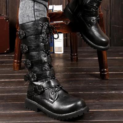 Winter Men Motorcycle Boots  Fashion Mid-Calf Punk Rock Punk Shoes Mens PU Leather Black High Top Casual Boot Man