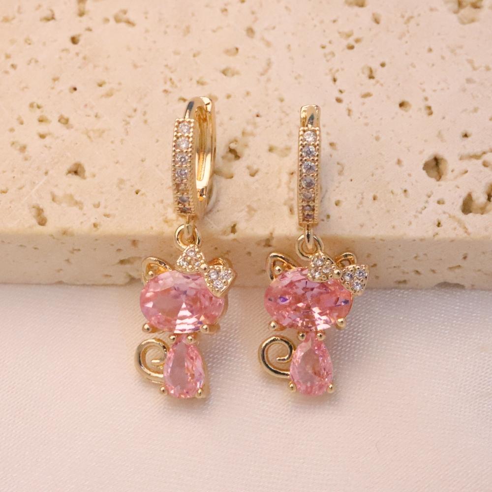 

1 Pair Cute Cat Dangle Earrings for Women Zirconia Earring Jewelry Wedding Party Accessories розовый