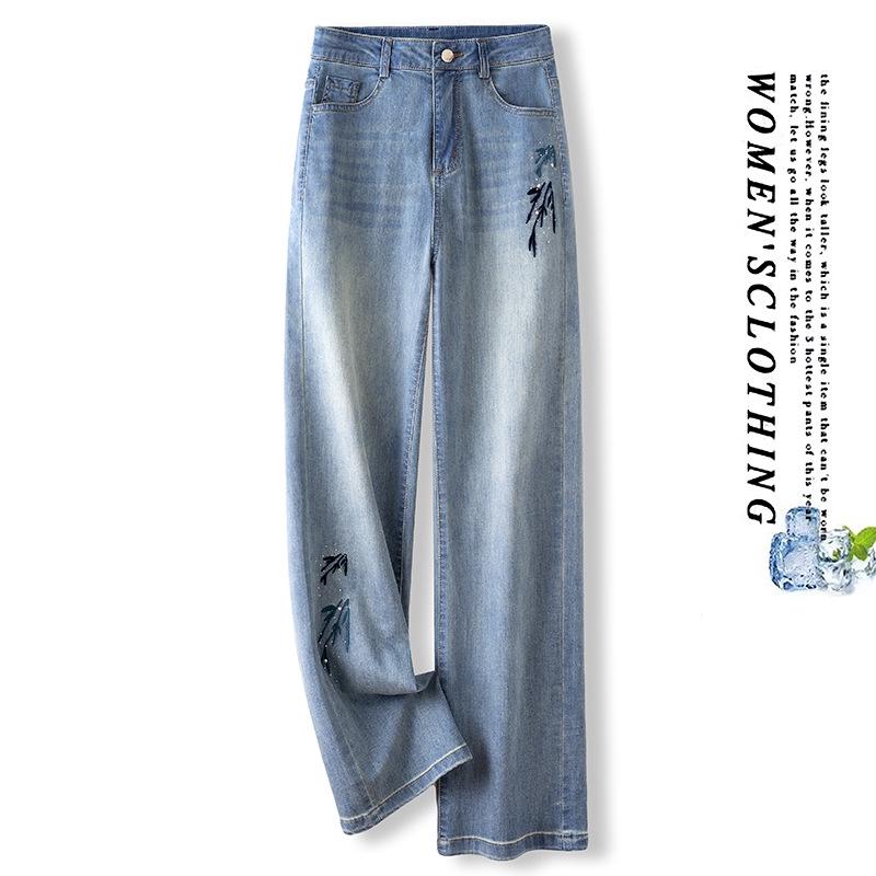 

Женские джинсы с высокой посадкой, китайской вышивкой, прямого кроя - Весна/Осень 2025, свободный, стройнящий, драпирующийся дизайн 32 (145-155 lbs) синий
