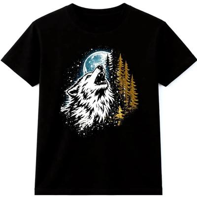 T-shirt Loup Lune Hurlante Forêt Faune Nature vintage Lavé Extensible Respirant vêtements de créateur homme mode Élégant