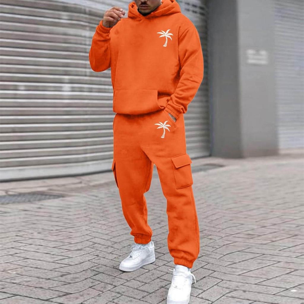 Men's Plus Size Hooded Sweatshirt and Sweatpants Set with Palm Tree Print Fleece Lined Loose Fit for Outdoor Sports and Casual Wear