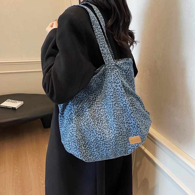 Denim Shoulder Bag Women's Large Capacity Shopping Bag Leopard Print Tote Bag Student Commuter Bag