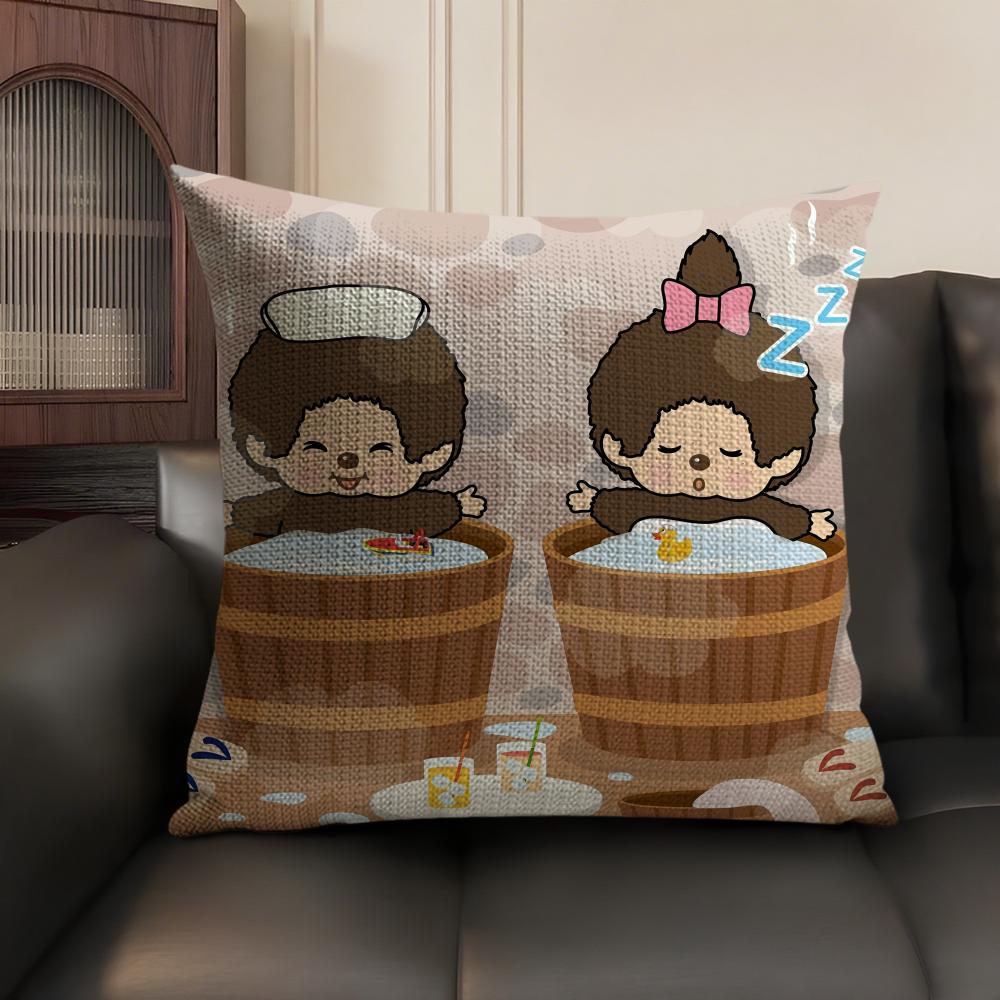 MMonchhichi cute Cushion Cover Natural Linen Organic Fabric DoubleSided Printing Sofa Home Decor Gift Pillow Case