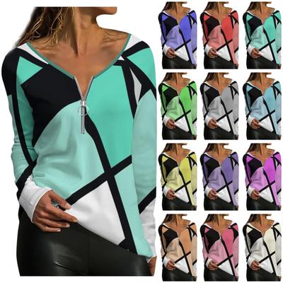 Moda damska Casual Temperament Zamek błyskawiczny Dekolt w kształcie litery V Nieregularne paski Geometryczny nadruk Długi rękaw