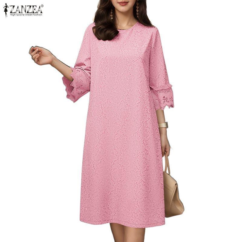 ZANZEA Damen Freizeit Rundhals Locker 3/4 Ärmel Spitze Patchwork Kleid