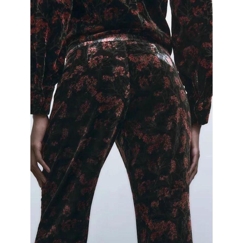 Export Single Za Home High Waist Slim Looking Commuter's All-Matching Velvet Exquisite Print Fashion Wide-Leg Stylish New Arrival Pants Women