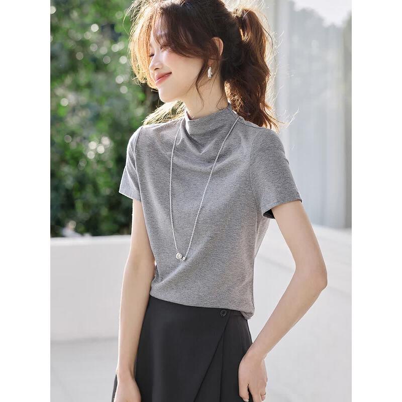 Women s Semi-High Collar Knit Short Sleeve Top S