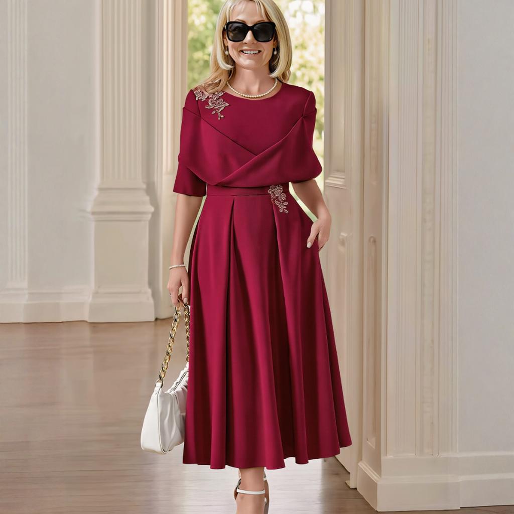 Women’s Midi Dress with Embroidered Detailing Elegant Pleated Skirt and Overlay Top Suitable for Formal Events