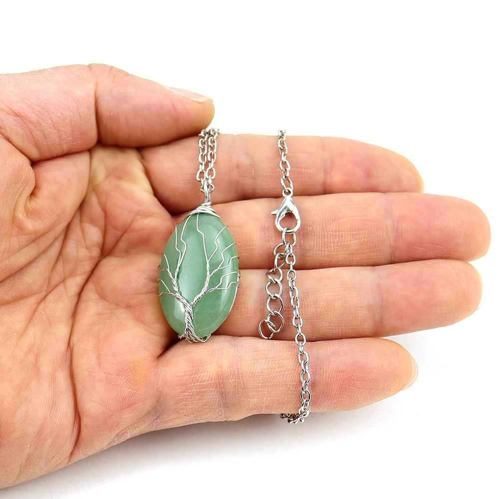 Natural Rough Crystal Amethyst Tiger Stone Oval Tree Of Life Pendant Necklace N643