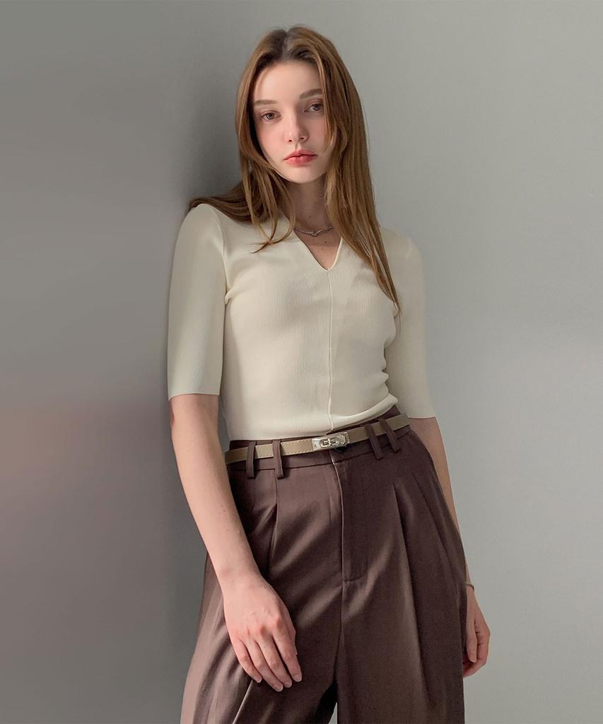 Baseukala Deep V-Neck Ribbed Short Sleeve Knit (5Colors)