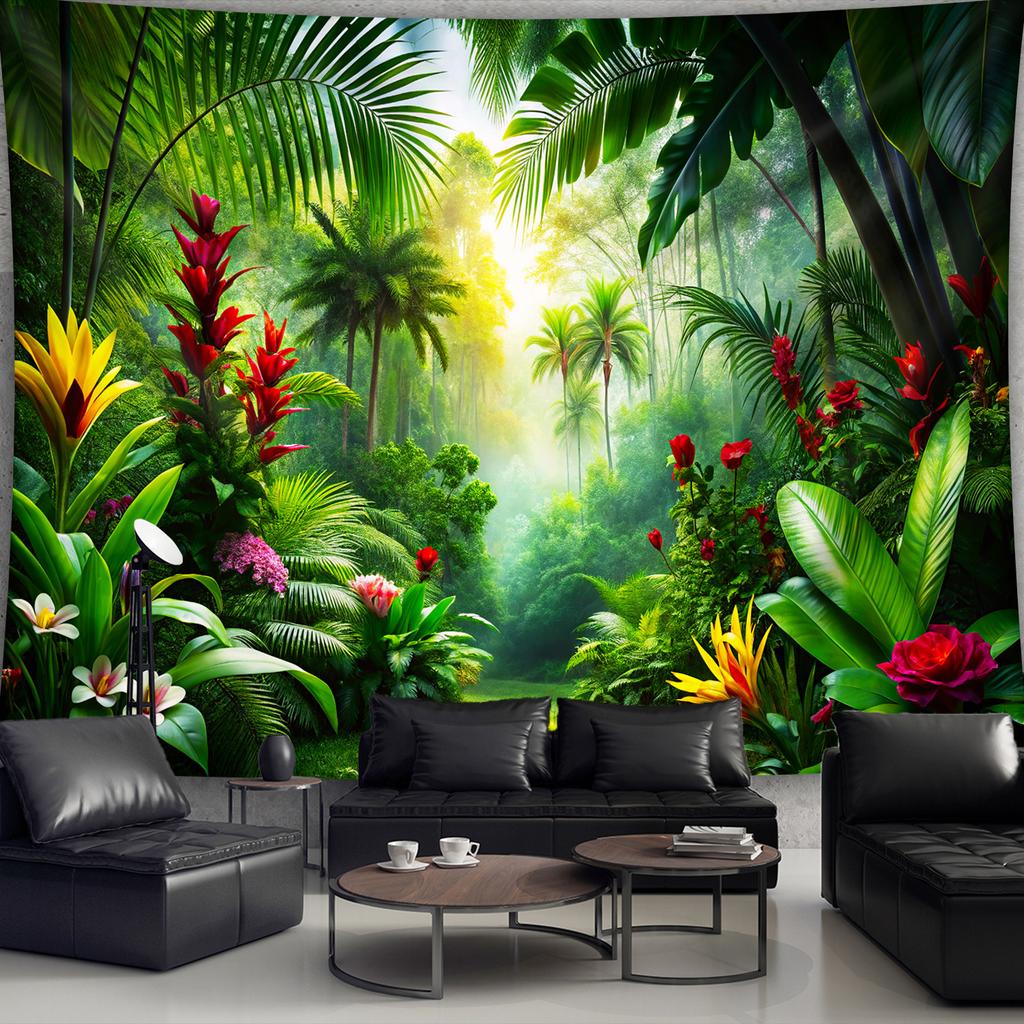 Tropical Rainforest Tapestry, Lush Jungle Plants And Colorful Flowers, Exotic Nature Wall Hanging For Living Room Bedroom