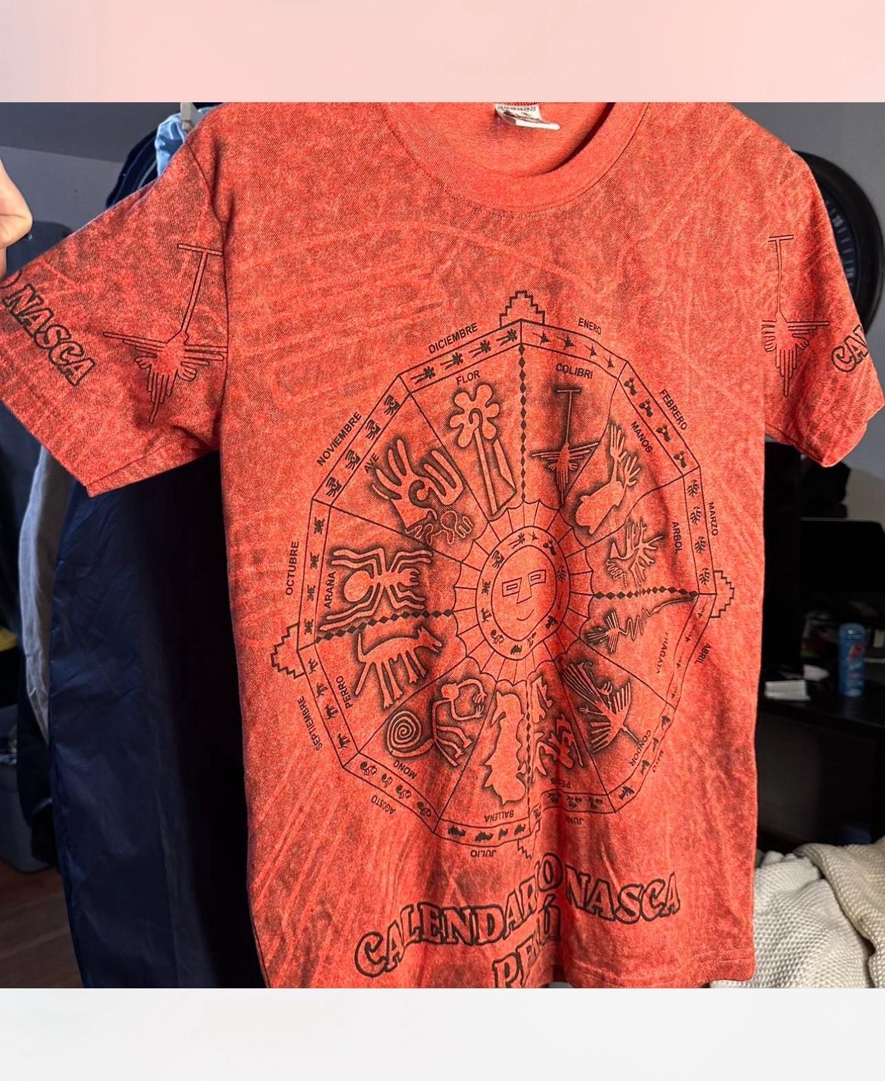 Vintage Aztec Mayan Calendar T-shirt AOP Red 90s Peru Travel Souvenir Men’s Sm XL