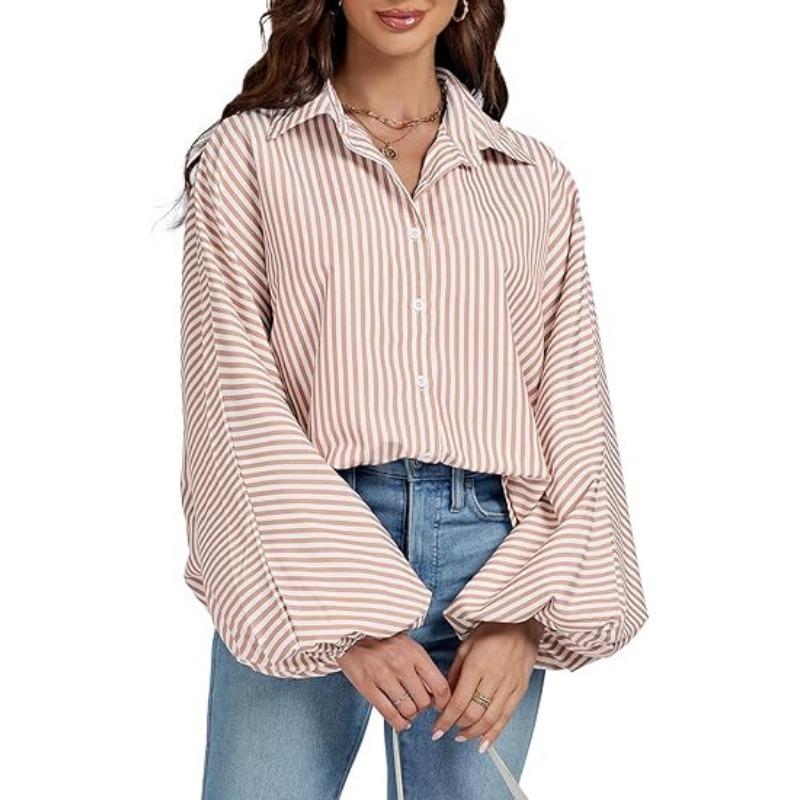 Women's Elegant Loose Casual Single Breasted Striped Shirt Lantern Sleeve Long Sleeve Lapel Shirt