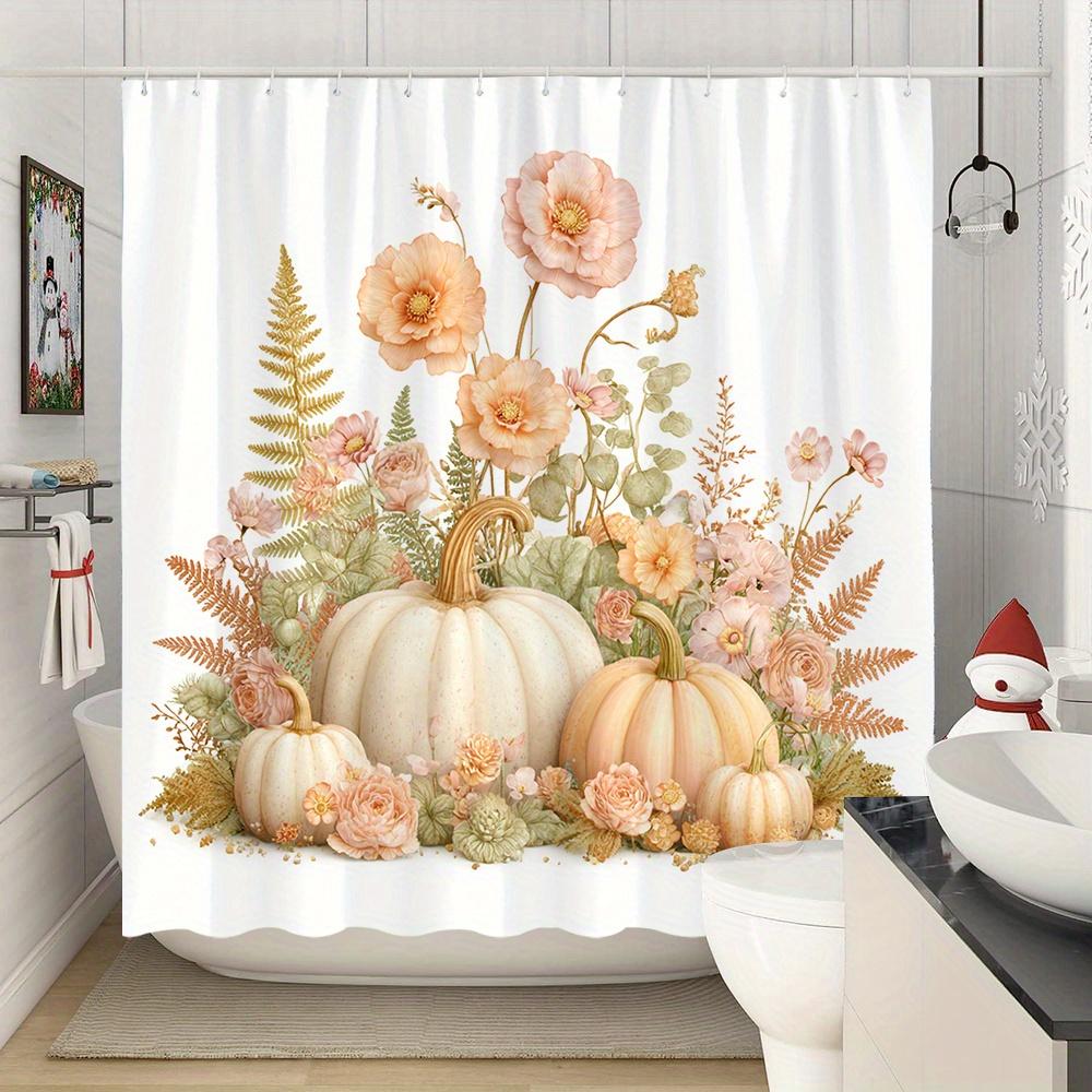 1Pc Fall Shower Curtain Autumn Floral Pumpkin Design With Pink Roses, Greenery & Golden Foliage - Beige & Golden Bathroom Decor,