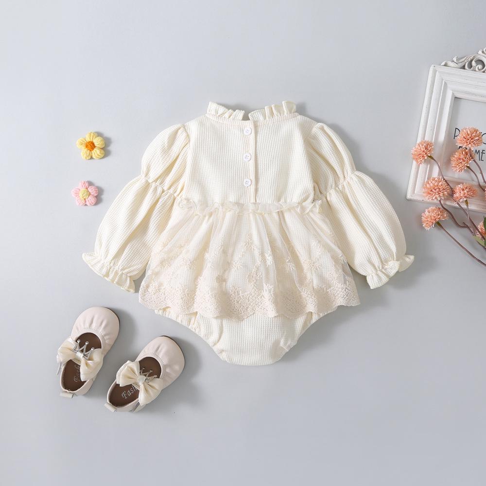 Korean-Style Baby Lace Long Sleeve Romper for Spring & Autumn: Versatile, Fashionable Round Neck Dress Toddler Outerwear