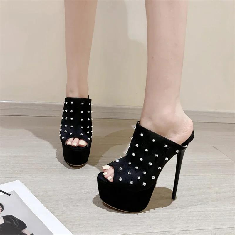 Fashion Luxury Women Sexy High Heels Summer Platform Woman's Shoes Design Style Rivet Peep Toe Party Female Shoes Brand Ultra High Heels