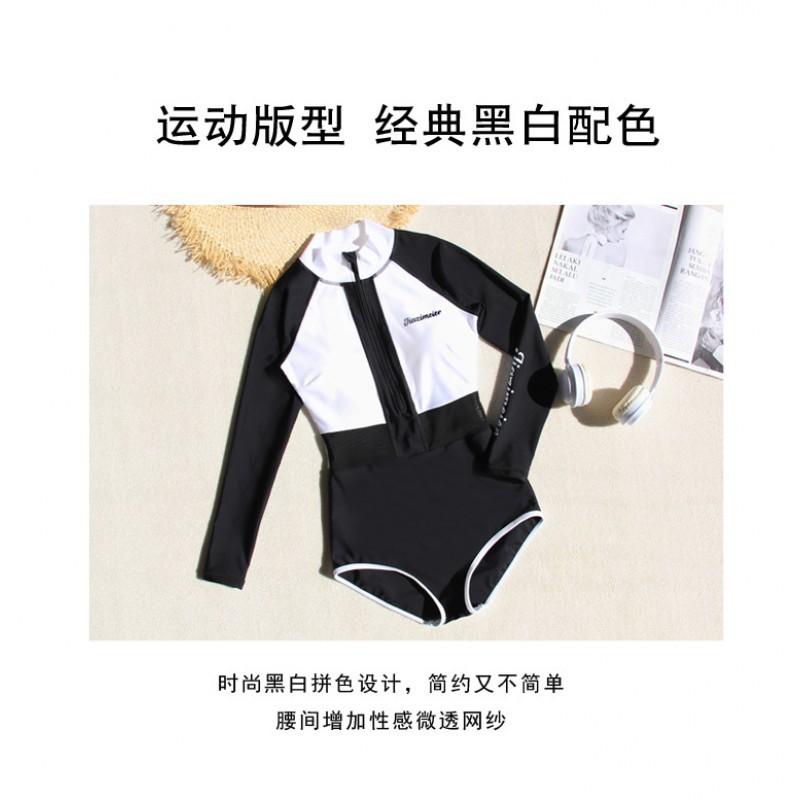 Surfing High-necked Swimsuit Women's Long-sleeved One-piece Sunscreen Belly Cover-up Slimming Diving Sports Style Student Hot