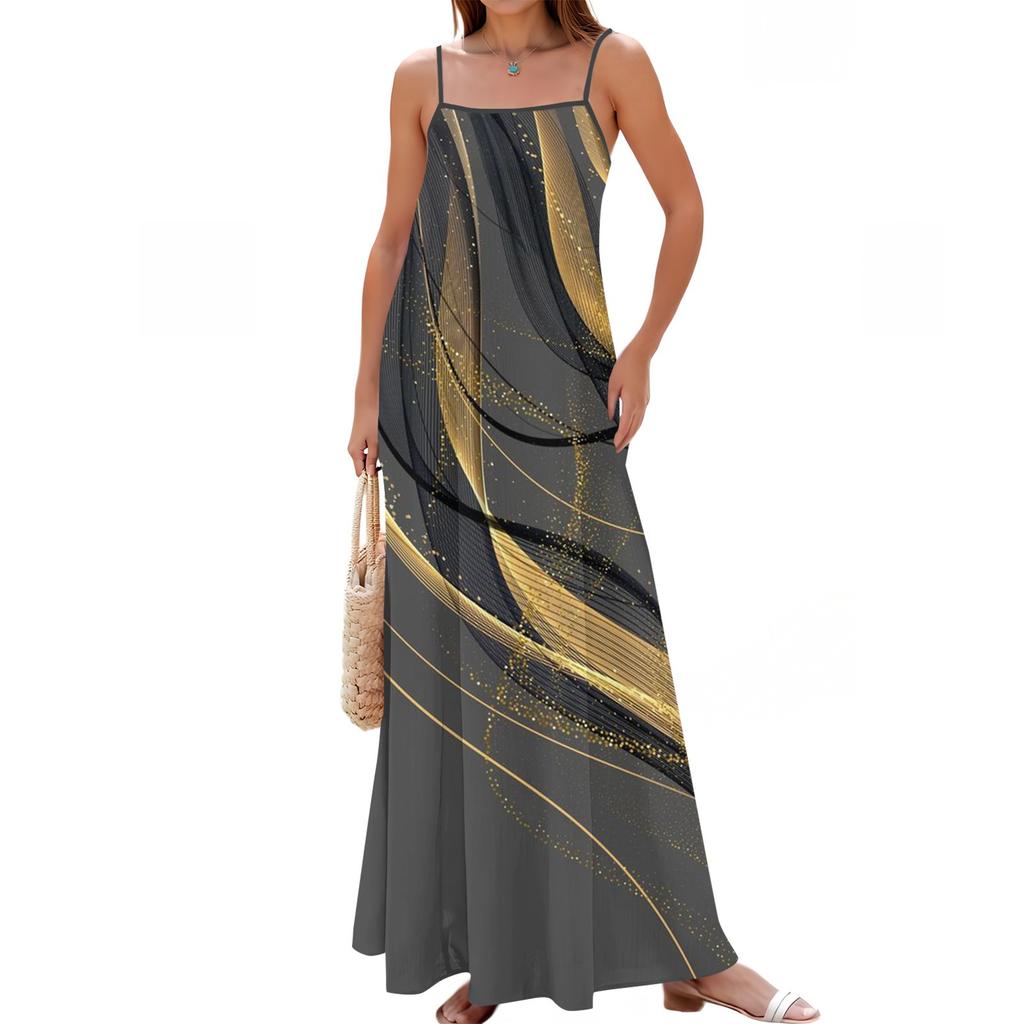 Women's Summer Casual Fashion Adjustable Suspenders Printed Long Dress