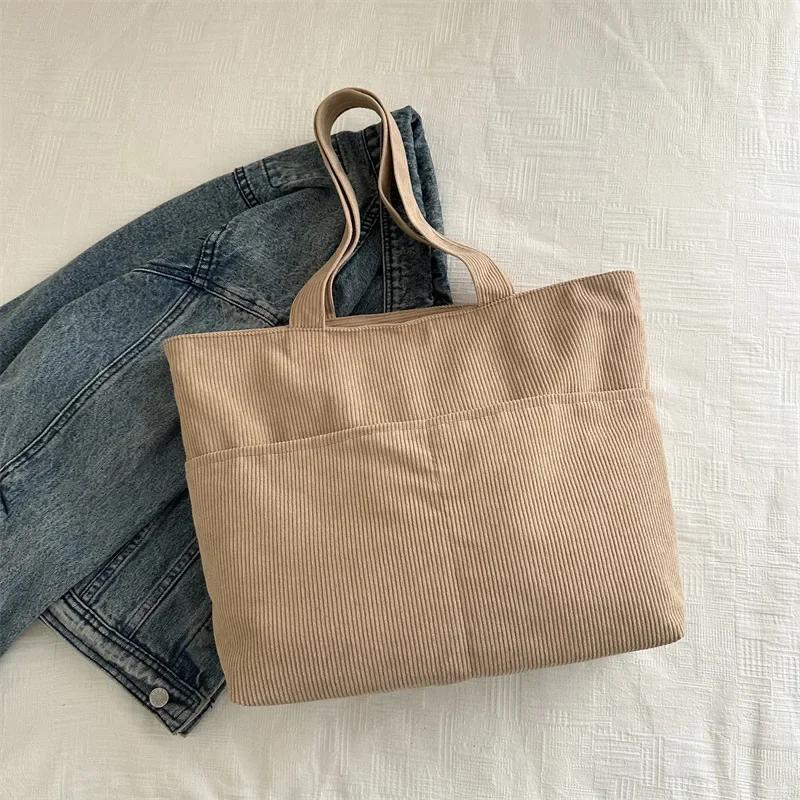 Simple Large Capacity Tote Women Shoulder Bag Retro Corduroy Ladies Shopping Commuter Underarm Bags Female Multi-pocket Handbags