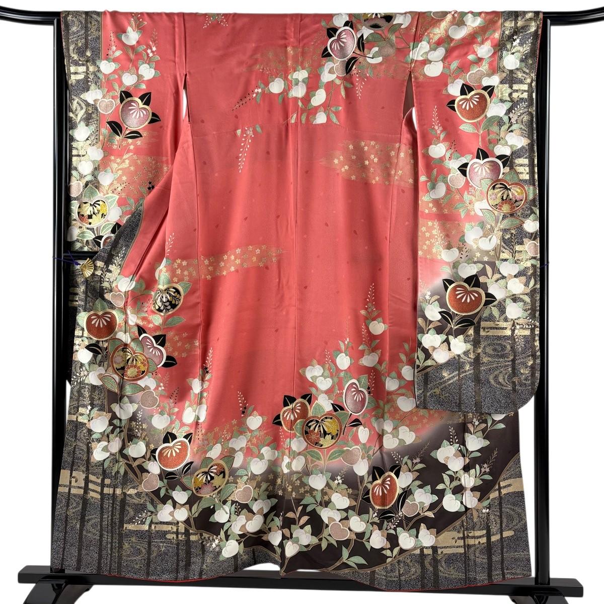 

[Good condition] Furisode, length 157cm, sleeve length 66cm, M linen, Tachibana, flowing water, gold and silver, dyed salmon pink, pure silk,
