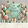 1pc Birthday Celebration Background Banner Teal Background Gold Lettering Decoration with Floral Gift Box Pattern Decoration