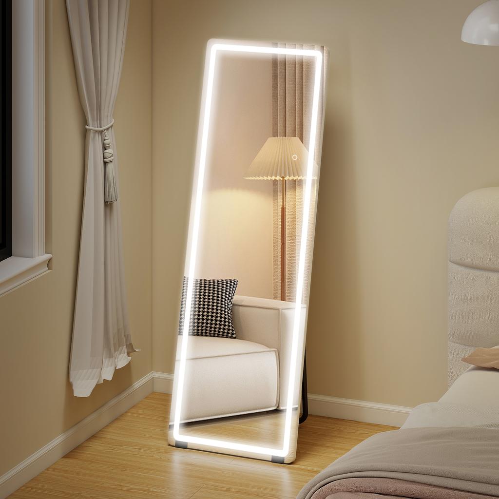 Freestanding LED Mirror, 150 x 50 cm, 3 Colors, Dimmable, Memory, 4 mm Tempered Glass, Clear