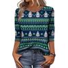 Women's Casual 3/4 Sleeve Neck Christmas Print Top with Festive Holiday Design