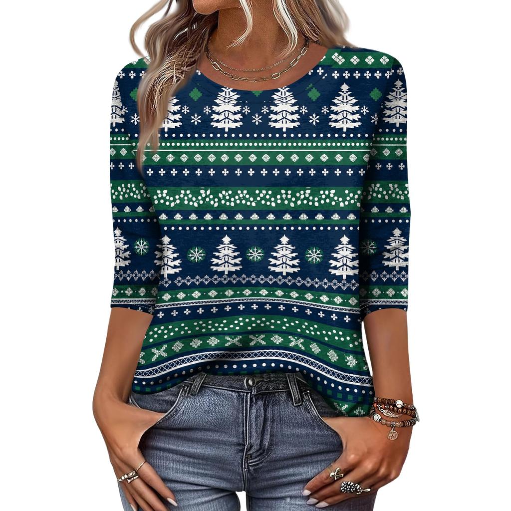 Women's Casual 3/4 Sleeve Neck Christmas Print Top with Festive Holiday Design