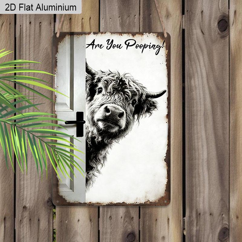 2D Flat, 1pc Vintage Humorous Aluminium Wall Art Sign "Are You Pooping!"- 8"x12" Aluminium Rustic Bathroom Decor, Funny Highland Cow Wall Art, Gag